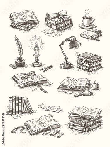 Hand Drawn Books and Reading Illustration Vector Set in Vintage Line Art Style Depicting Study, Knowledge, and Education Themes