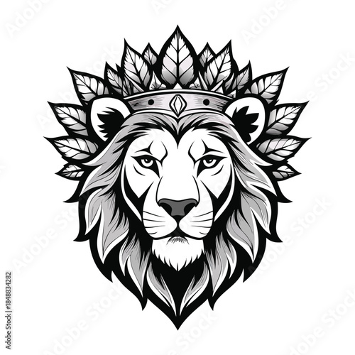 Majestic lion head with a crown of leaves and a regal crown king animal