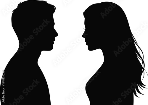 Silhouette man and woman facing each other romantic profile illustration isolated on white background studio
