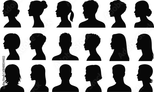 Human profile silhouette avatars set male and female faces isolated on white background vector illustration