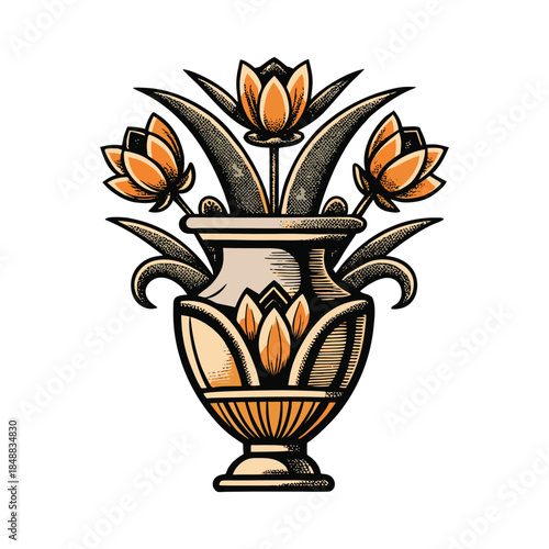 Vintage Floral Vase with Orange Lotus Flowers and Stylized Leaves vector illustration