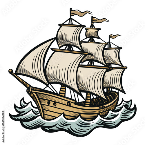 Vintage sailing ship with full sails navigating wavy ocean waters boat retro