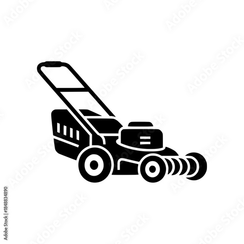 Bold Minimalist Lawn Mower Vector Icon. Black and White Flat Design Grass Cutter Silhouette for SVG Cutting Files, Landscaping Branding, Yard Care Logo, and Modern Garden Equipment Illustration