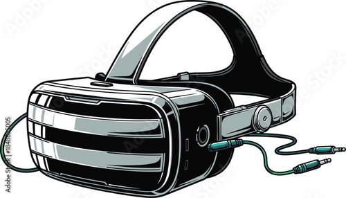 Futuristic virtual reality headset with audio cables and sleek visor design for immersive gaming, simulation, education, and tech experience