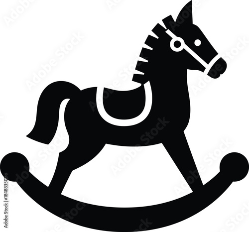 Black Silhouette Icon of a Detailed Rocking Horse Toy on a White Background child childhood