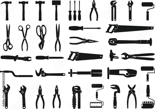 Hand tools black silhouette vector illustration set, mechanic and carpenter repair equipment icons collection for construction, industrial work, DIY, and workshop design