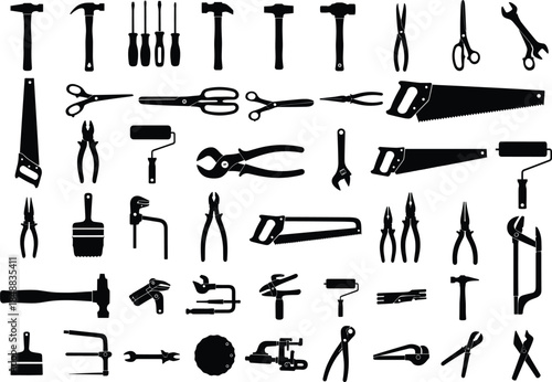 Hand tools silhouette vector illustration collection, workshop equipment and carpentry tools design, black icon set for repair, construction, mechanic, and industrial projects
