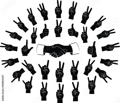Handshake and peace sign hand gesture silhouette vector illustration, unity and cooperation concept, black and white minimal design for business and friendship