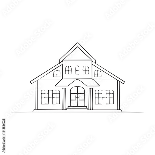 Architectural drawing of a suburban house design with visible doors and windows intended for blueprints or illustrations