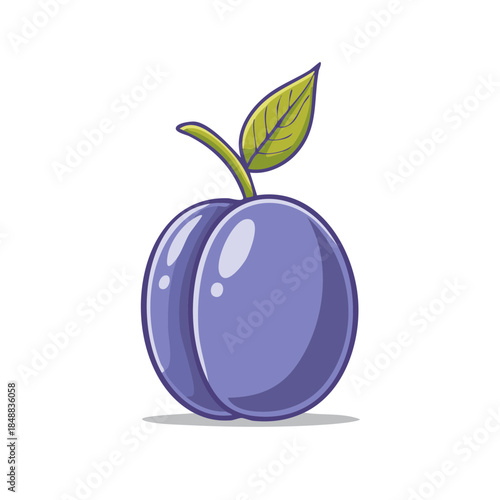 Single ripe plum with green leaf, featuring a smooth, shiny surface and vibrant purple hue, creating a fresh and inviting illustration.