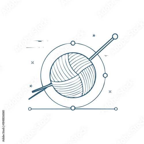 Yarn Ball and Knitting Needles Linear Design Element Isolated Craft Hobby