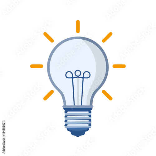 Illuminated incandescent lightbulb glows brightly emitting radiating light with clear glass revealing a filament