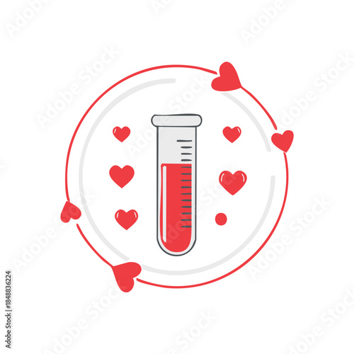 Blood sample in test tube surrounded by hearts, medical research symbol for donation and healthcare design element.