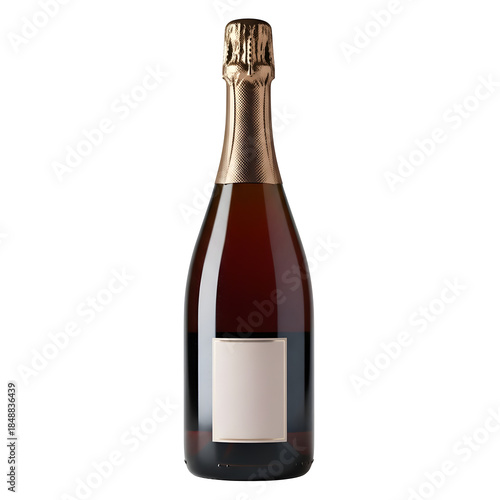 Hyper-photorealistic dark amber rosé champagne bottle with textured metallic gold foil and minimalist luxury label, isolated on white or transparent background. PNG format.