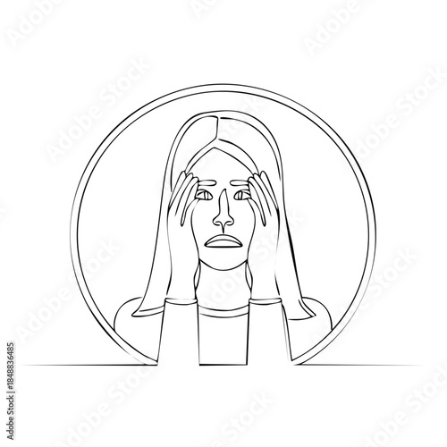Woman holds her head with her hands in mental anguish in a simple line drawing vector