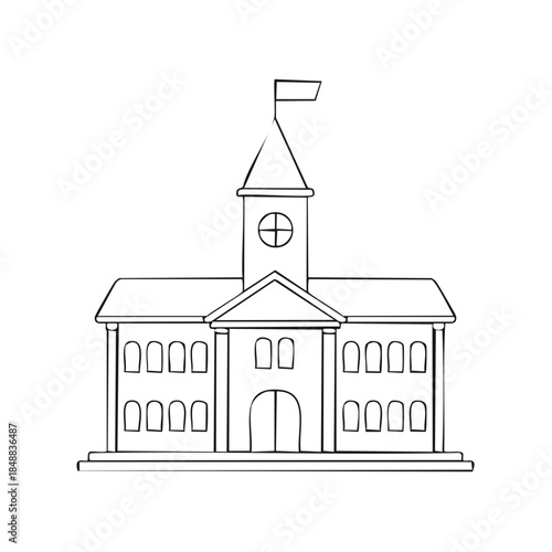 Hand Drawn Building Illustration Black and White Tower Clock Education Architecture Design