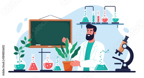 Scientist in Lab Explaining Science with Plants and Equipment.