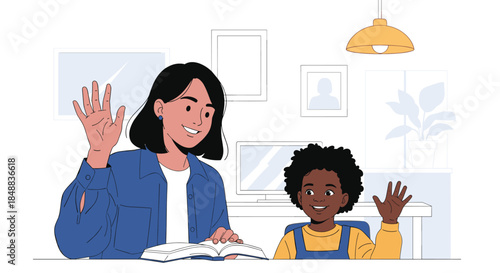 Teacher and student raising hands in classroom during lesson.