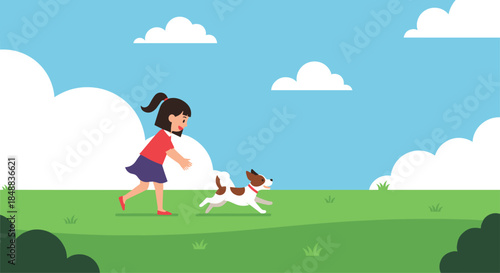 Girl and dog running together in the park.