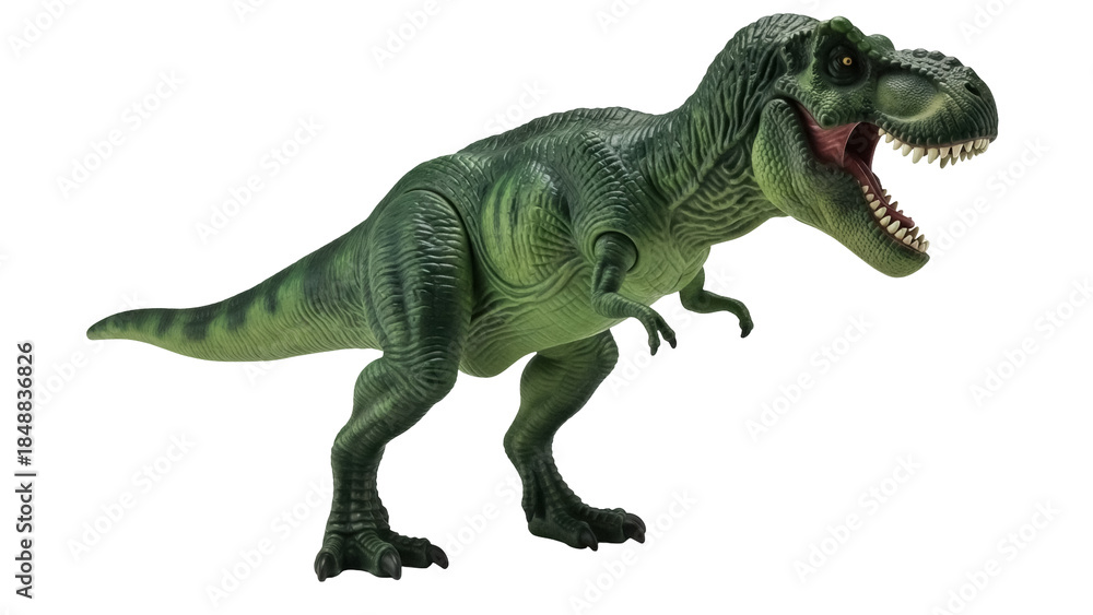 Fototapeta premium Isolated Tyrannosaurus Rex toy, green plastic figurine, prehistoric animal, dangerous predator