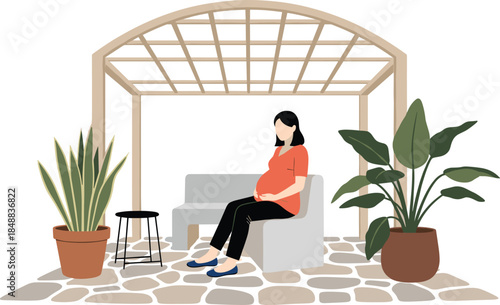 Pregnant woman relaxing on outdoor bench under wooden pergola with potted plants, garden patio setting, peaceful maternity lifestyle illustration