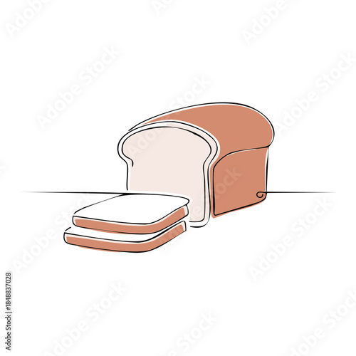 Loaf of Bread with Slices, One Line Art Style, Delicious Homemade Bread, Bakery, Simple, minimalist, Illustration