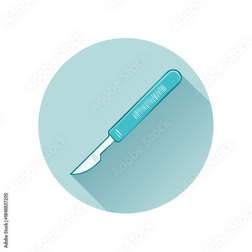 Surgical Scalpel Illustration in Light Blue Tones Medical Instrument with Sharp Blade Healthcare Item in Round Frame