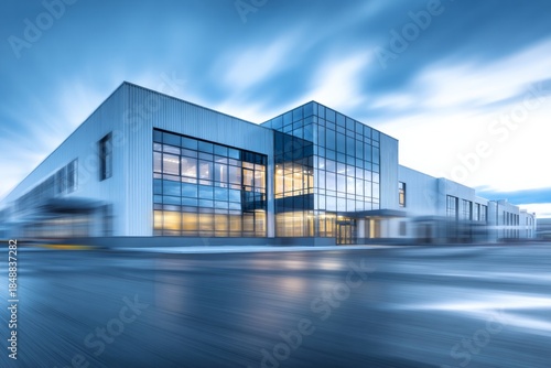 Modern industrial facility exterior displays smooth motion blur effect against a dramatic sky