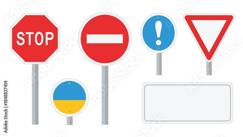 A collection of various road signs including stop yield and warning signs