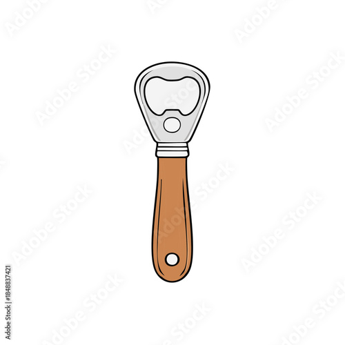Bottle opener graphic illustration featuring metal and wood handle isolated on white for barware and kitchenware images