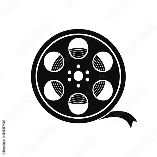 Black and white film reel icon for cinema or video illustration graphic