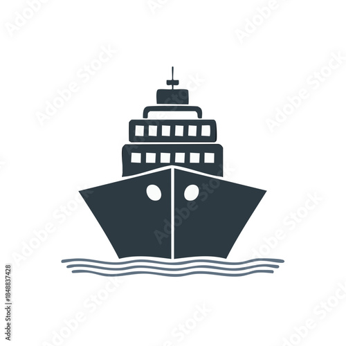 Stylized Cruise Ship on Water with Detailed Front View in Dark Blue and Waves