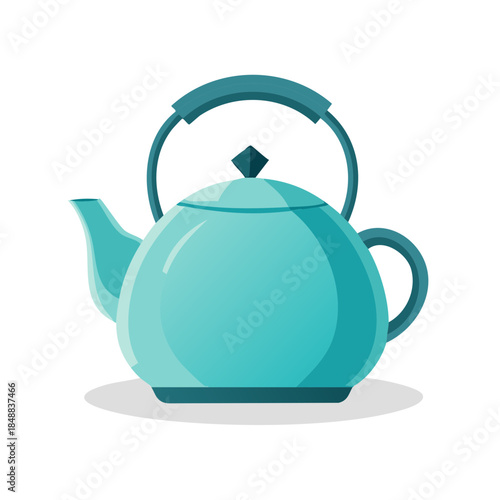 Teal colored teapot illustration with rounded shape and handle for making hot beverages.