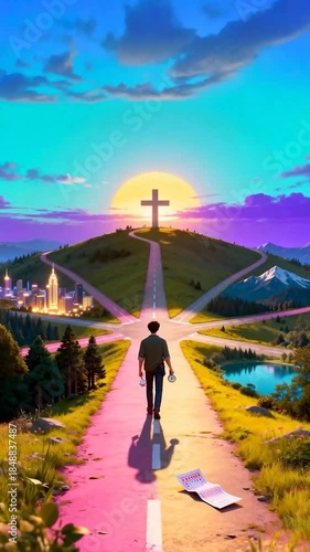 Man Standing at Crossroads Looking at Christian Cross on Hill at Sunset, Choice of Path between Faith and Material World Concept.