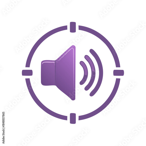 Abstract purple loudspeaker icon with sound waves inside a circular target scope for volume targeting concepts
