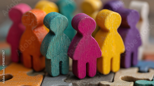 Colorful wooden figures showing collaboration inclusion and diversity for HR strategies