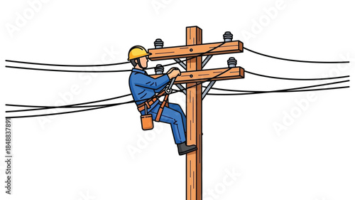 Lineman working on a utility pole safely secured with harness and tools