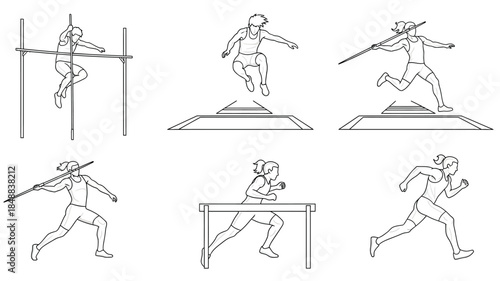Athletic figures demonstrate various track and field events in a simple sketch style
