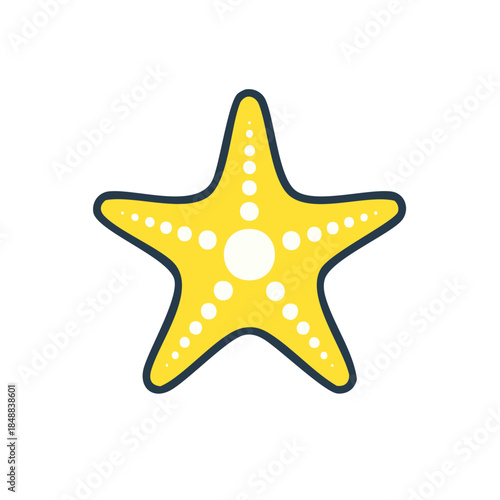 Graphic illustration of a starfish with dotted pattern in yellow, outlined in dark blue, nautical themed drawing