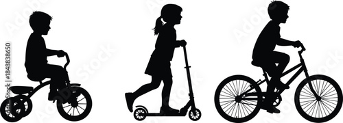 Silhouette children riding tricycle, scooter, bicycle in motion, showcasing childhood mobility, outdoor activity, transportation development, playful movement vector art