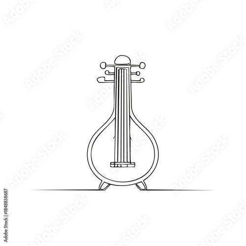 Line drawing of Indian classical musical instrument veena or sitar with strings and tuning pegs on white