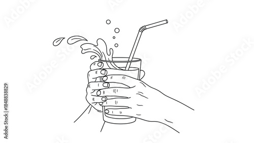 A hand holding a glass of liquid with a straw and splashing effect