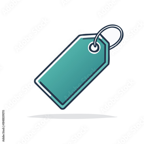Teal tag with black outline and silver ring used in retail sales and marketing concepts
