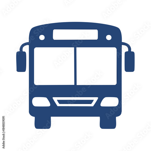 Simple dark blue bus icon facing front, transportation symbol with smooth lines and modern design for travel and commuting themes