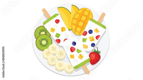 Colorful fruit popsicles with sliced kiwi mango and banana on a plate
