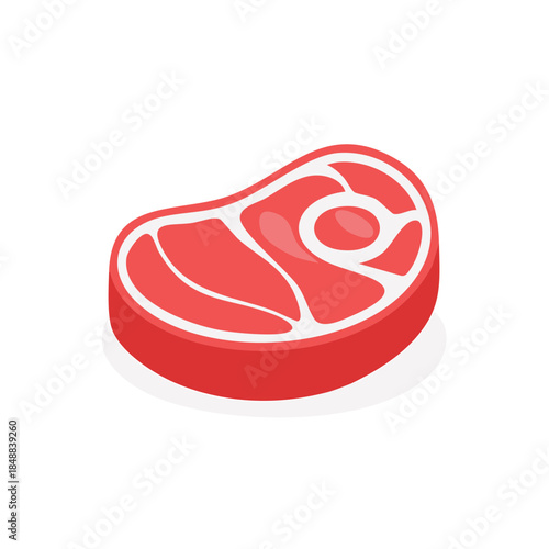 Simple meat steak illustration with fat isolated on white background, food item, raw meat product and butcher shop. Red colored raw meat