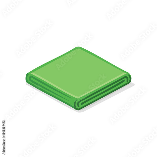 Illustration of folded green towel viewed from isometric angle, neatly stacked linen cloth for home cleaning, or spa supplies
