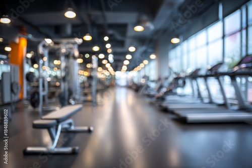 Interior perspective displays rows of exercise equipment within a large, modern health club setting