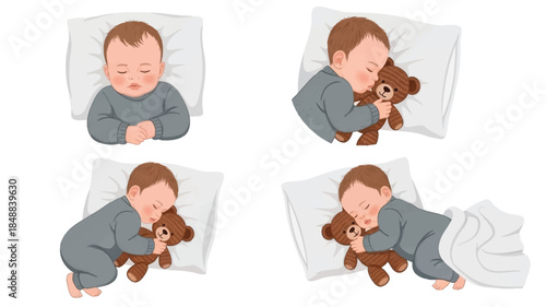 A cute baby peacefully sleeping with a teddy bear on a white pillow