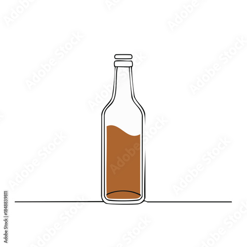 Minimalist Bottle Line Art: Beverage Container with Brown Liquid, Simple Outline, Single Line Drawing